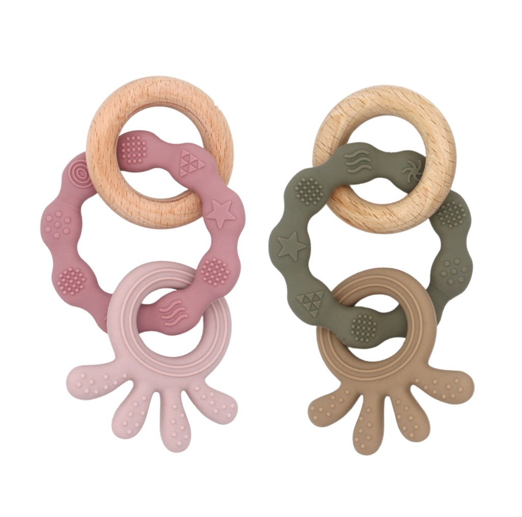Soft Silicone & Wood Teether Toy – Pink or Green