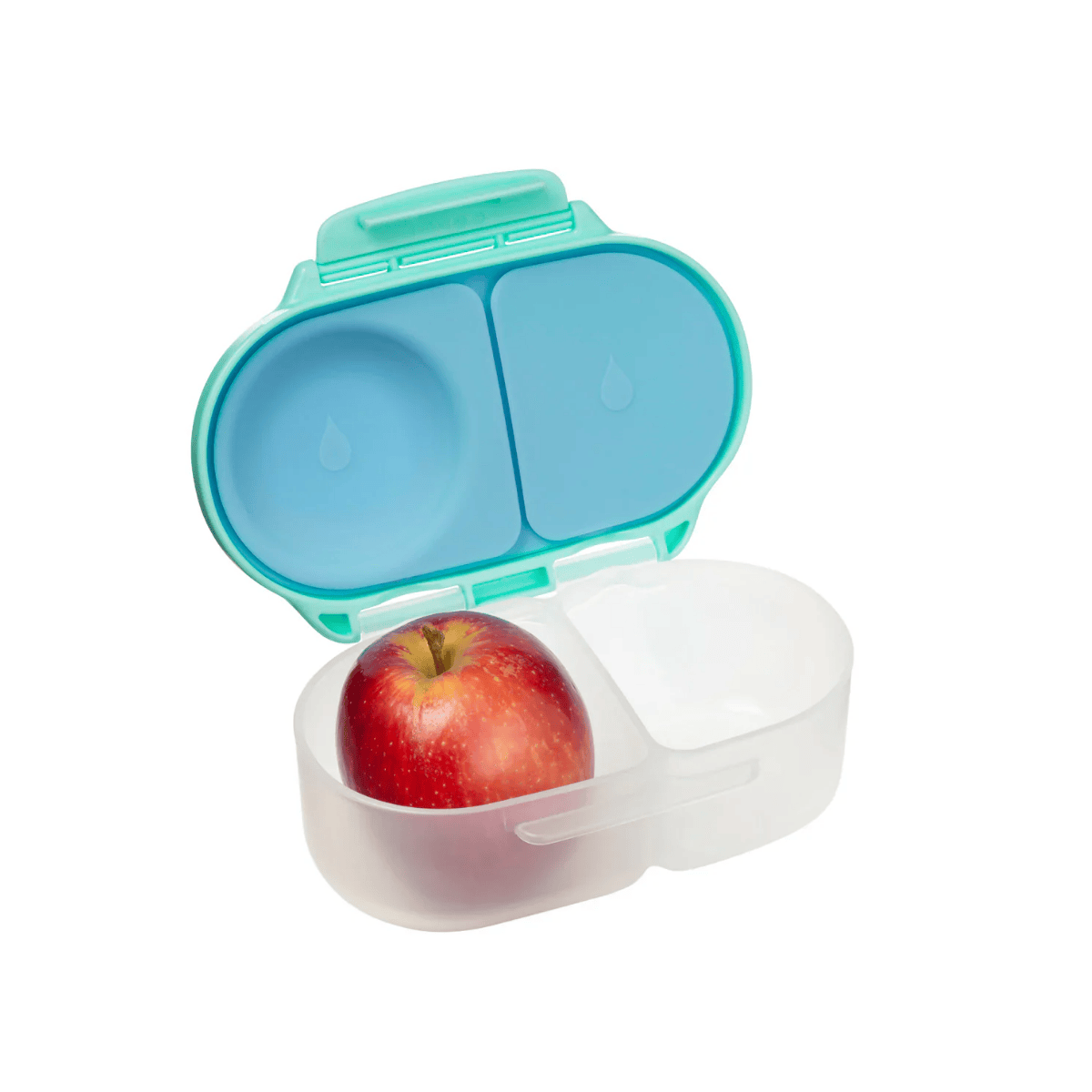 Portable snack container with a red apple inside on a white background