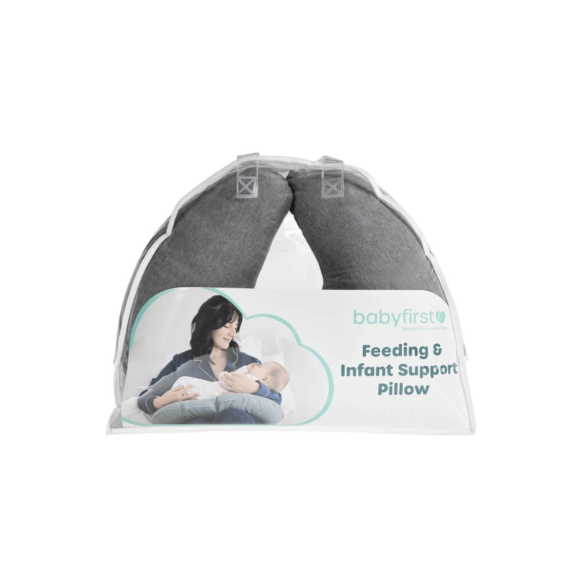 Baby first feeding and infant support pillow packaging on a white background