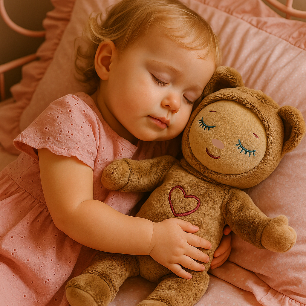 Child in a pink dress sleeping with a teddy bear on a pink bed