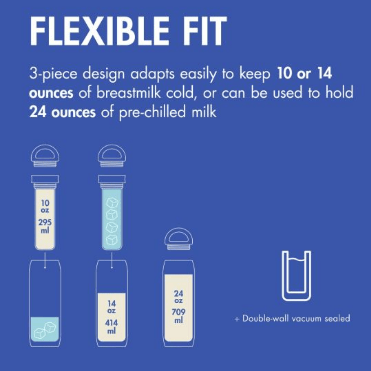 Boon - FROSH™ Stainless Steel Portable Milk Chiller flexible fit showing how much milk it can store.