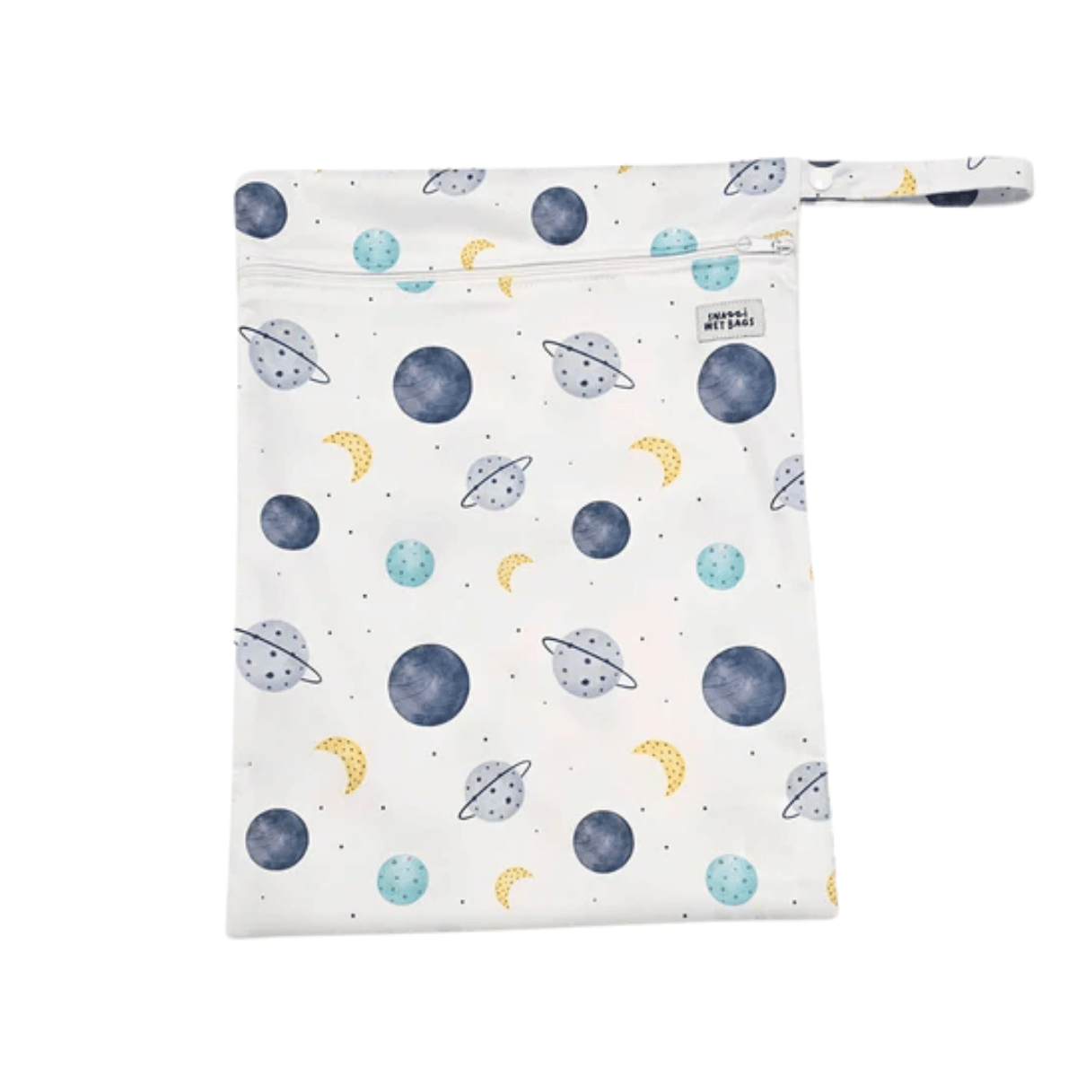 Reusable wetbag bag with space-themed design on a white background