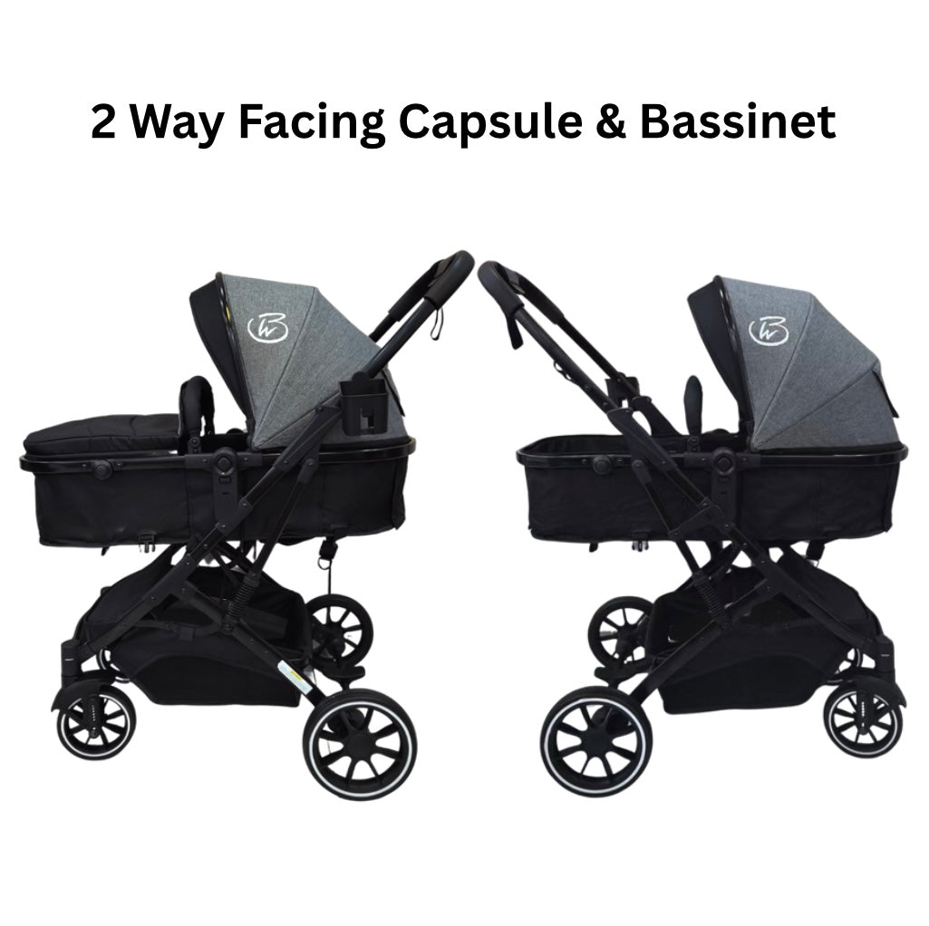 Gold Series 3-in-1 Travel System - Bassinet + Stroller + Capsule with Food Tray - Grey/Black