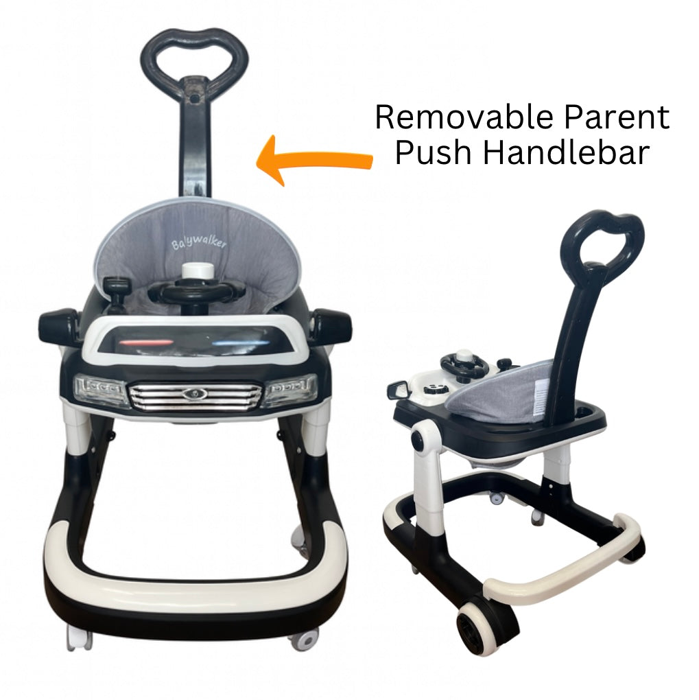 Roadster 3 in 1 Baby Walker with Activity Toy Bar and Parent Push Handle - BLACK