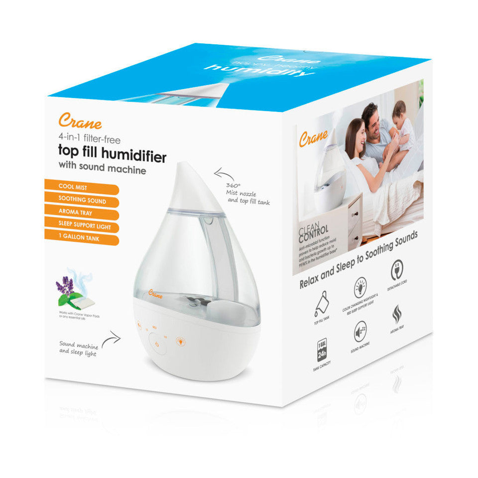 Crane humidifier packaging with product image and features on a white background