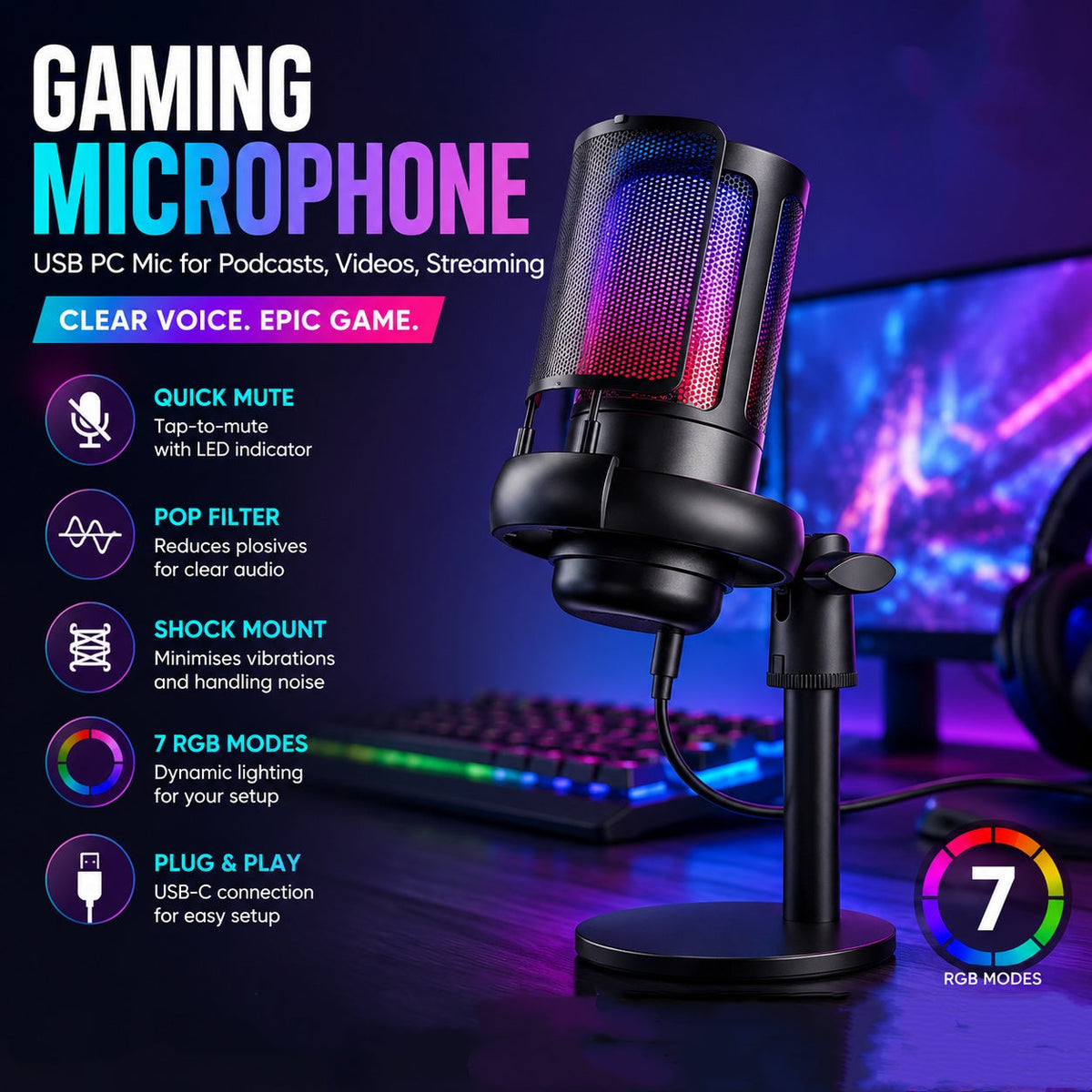 Gaming Microphone, USB PC Mic for Podcasts Videos, Streaming