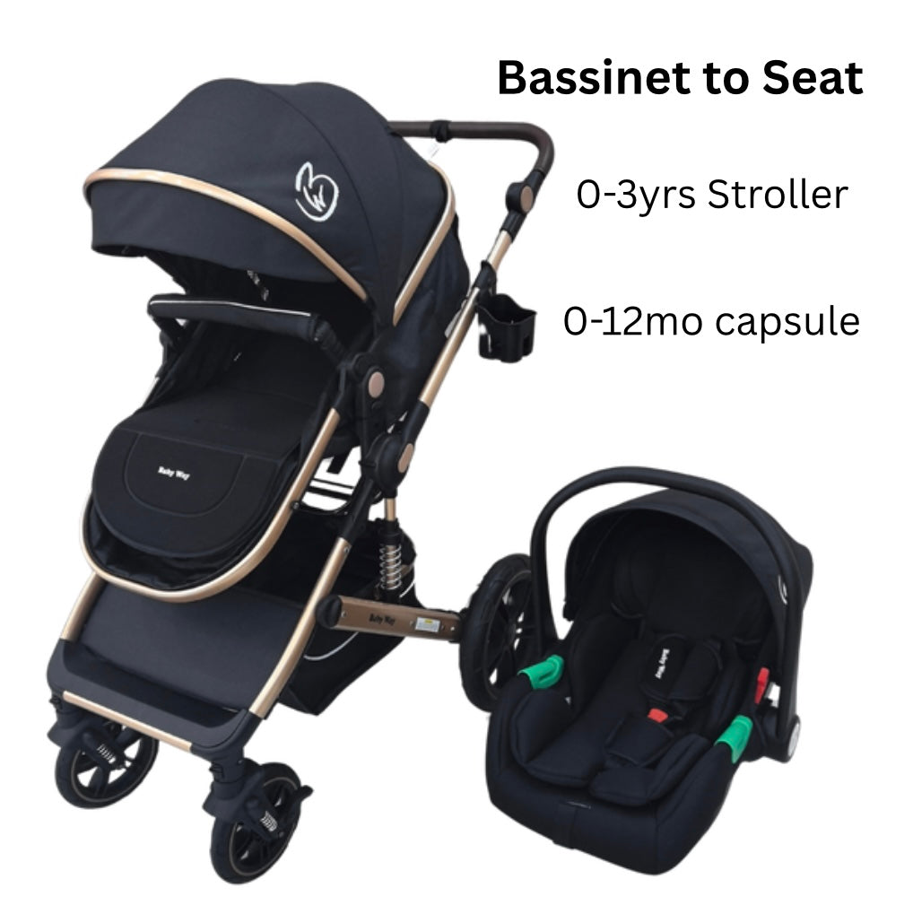 Preorder - Supra 3-in-1 Travel System – Stroller + Bassinet + Capsule Car Seat and Mattress - Black Gold + Colour Options