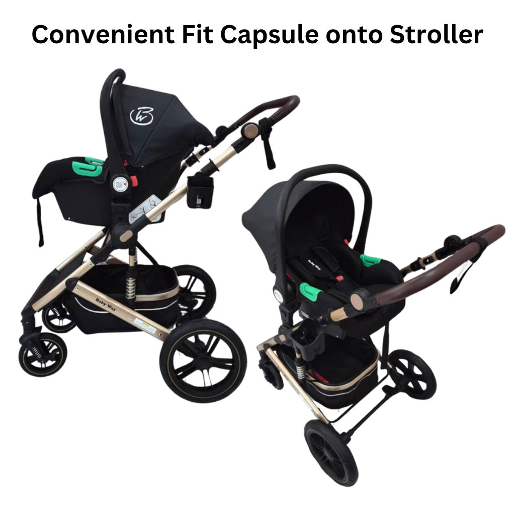 Preorder - Supra 3-in-1 Travel System – Stroller + Bassinet + Capsule Car Seat and Mattress - Black Gold + Colour Options