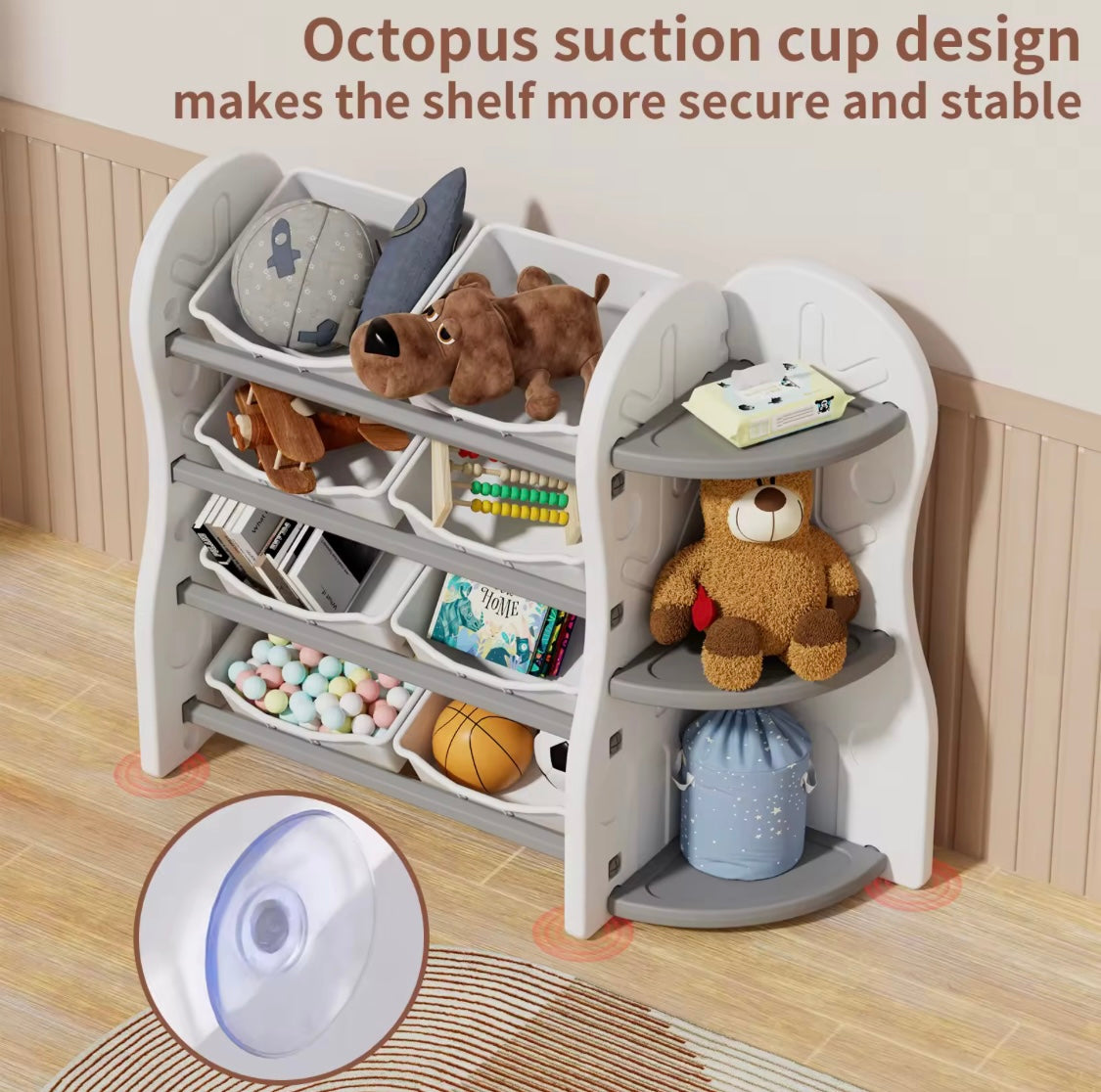 Treehouse Toy & Book Storage Shelf with 8 Bins – White & Grey