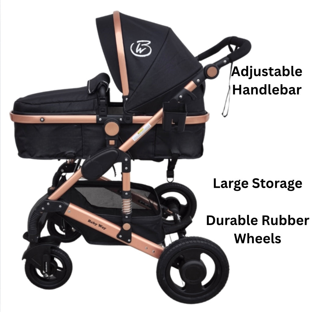 Ultra - 3 in 1 Stroller + Bassinet + Capsule Combo with Sunshade Sets and Food Tray - Black Gold