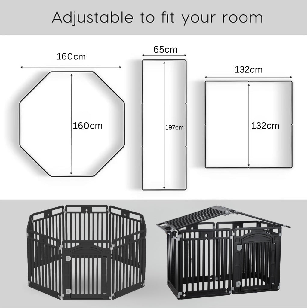 2 in 1 Pet House and
Adjustable Playpen with Roof Feature and Locking Door – BLACK