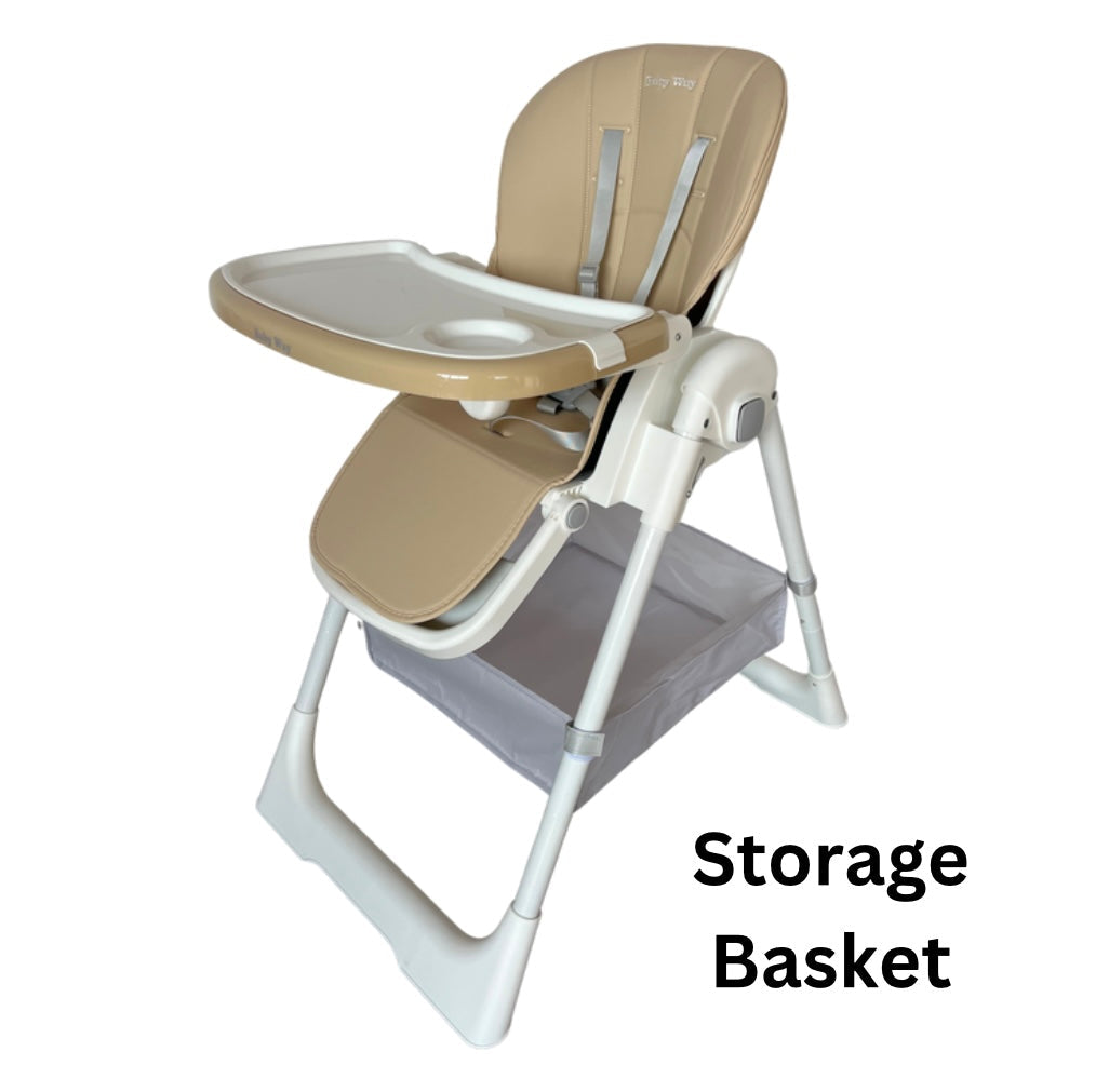 Elevate Adjustable and Folding High Chair with Locking Wheels & Storage Basket - BEIGE