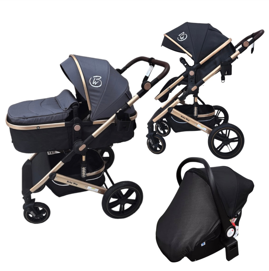 Preorder - Supra 3-in-1 Travel System – Stroller + Bassinet + Capsule Car Seat and Mattress - Black Gold + Colour Options