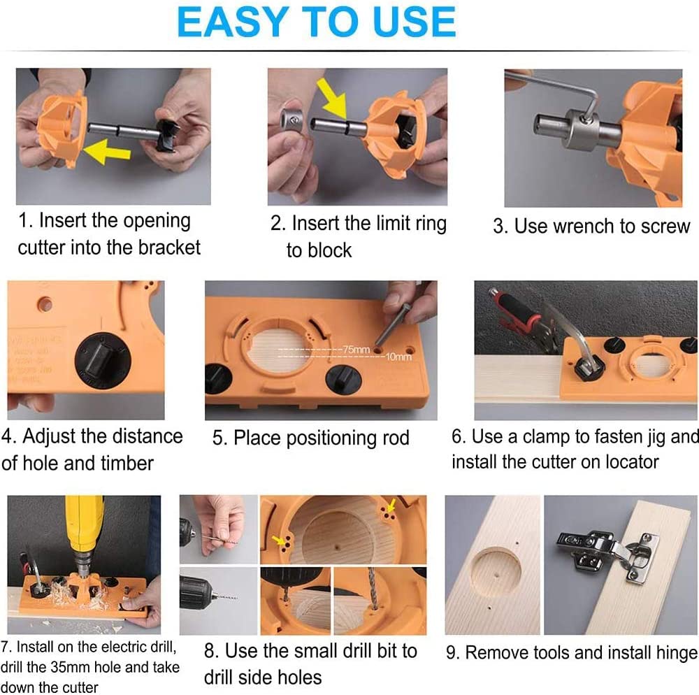 Concealed 35mm Cup Style Hinge Jig Boring Hole Drill Guide with Drill Bit Wood - salelink.co.nz
