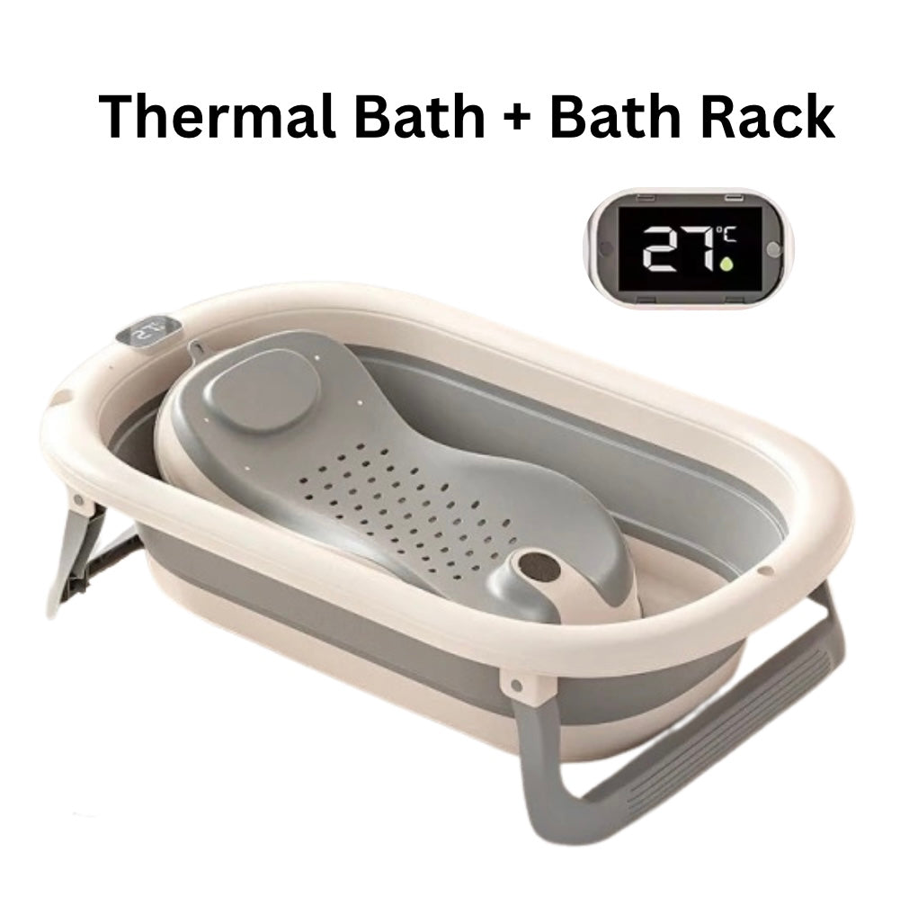 Foldable Baby Bath with Digital Thermometer & Newborn Support Rack - GREY