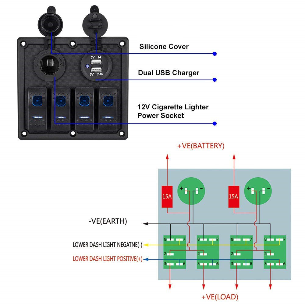4 Gang LED Rocker Switch Panel Circuit Breakers Charger Car 12V 24V