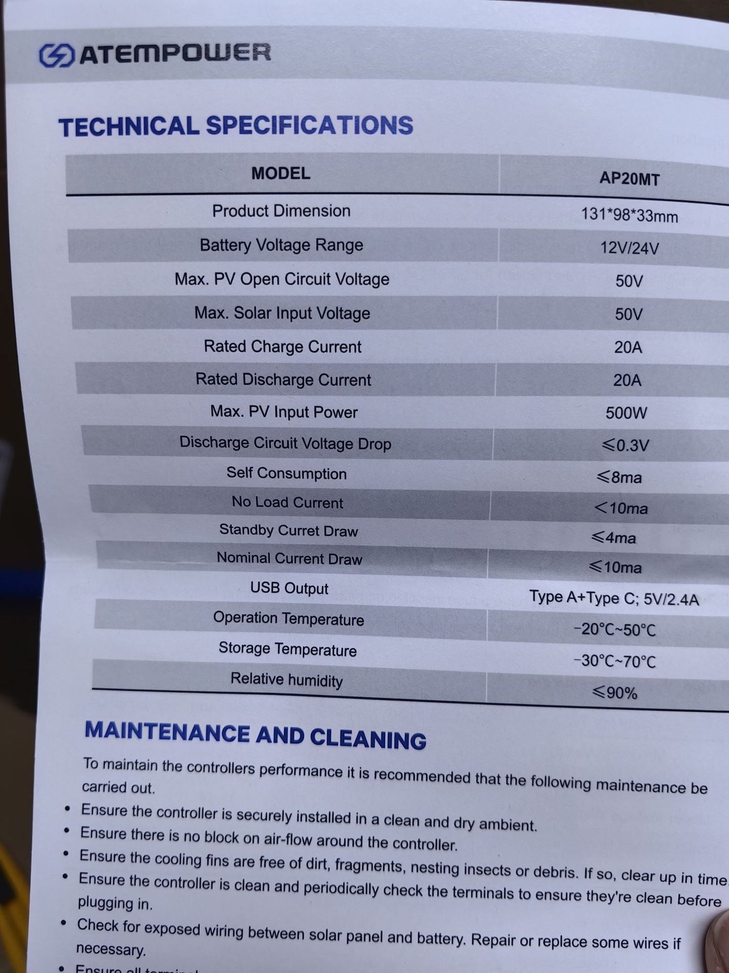 Atem Power 20A MPPT Solar Charge Controller Solar Panel Battery Regulator