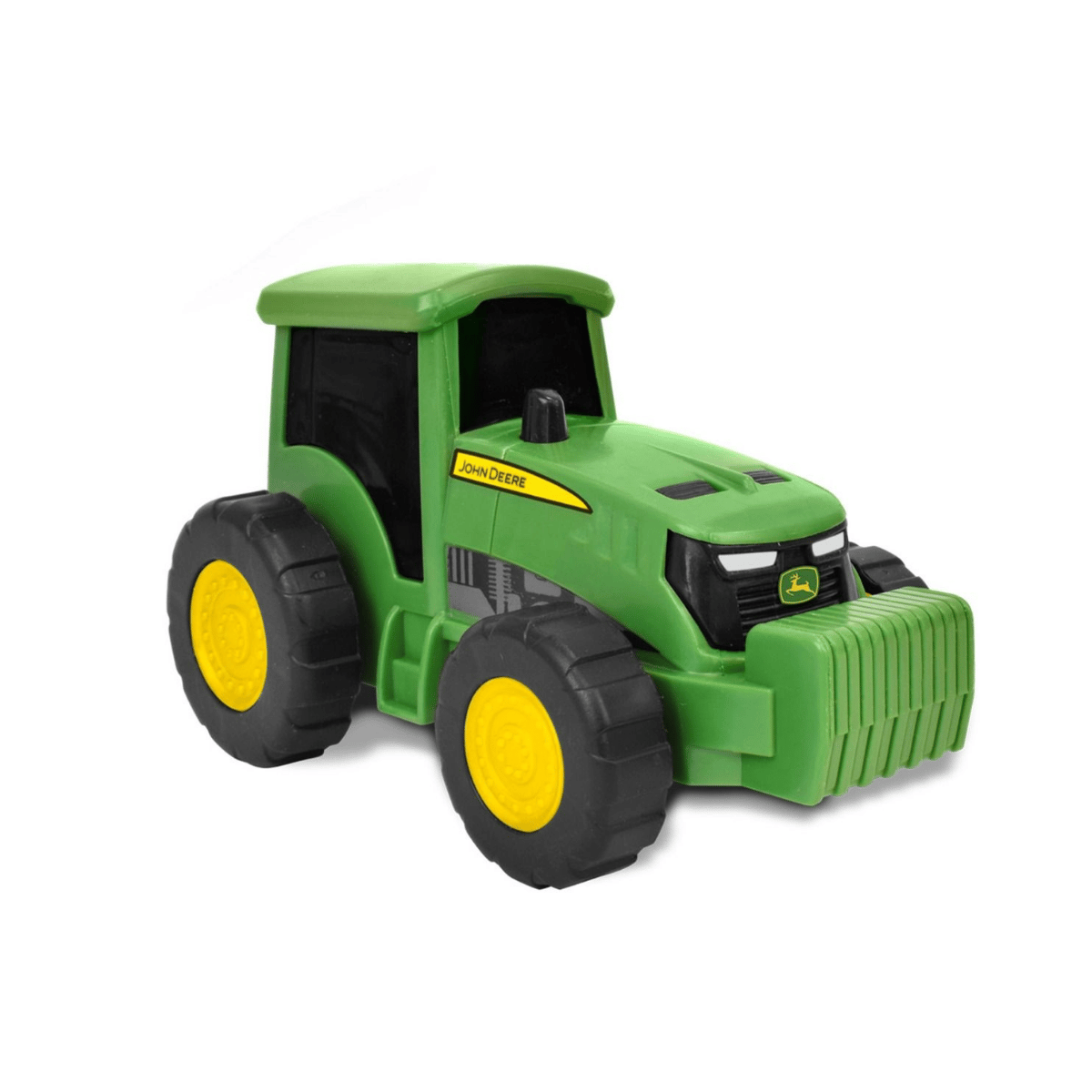 Toy tractor with John Deere logo on a white background
