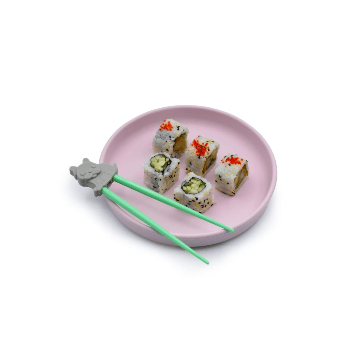 Pink plate with sushi and chopsticks on a white background