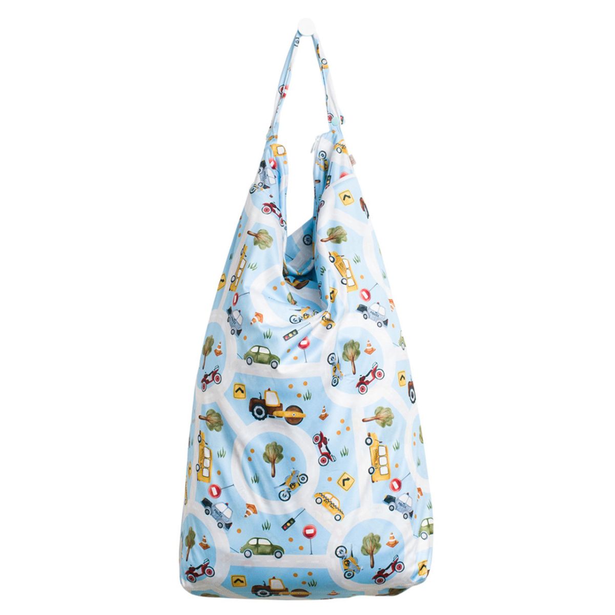 Reusable shopping bag with vehicle pattern on a white background