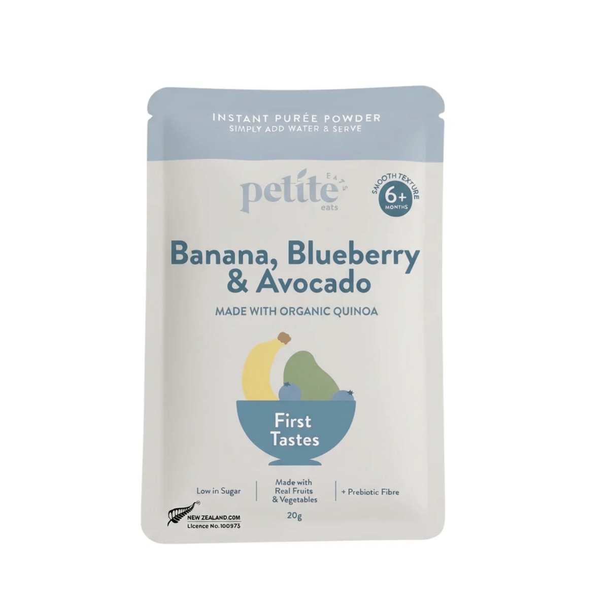 Package of 'Banana, Blueberry & Avocado' instant puree powder by 'petite' on a white background