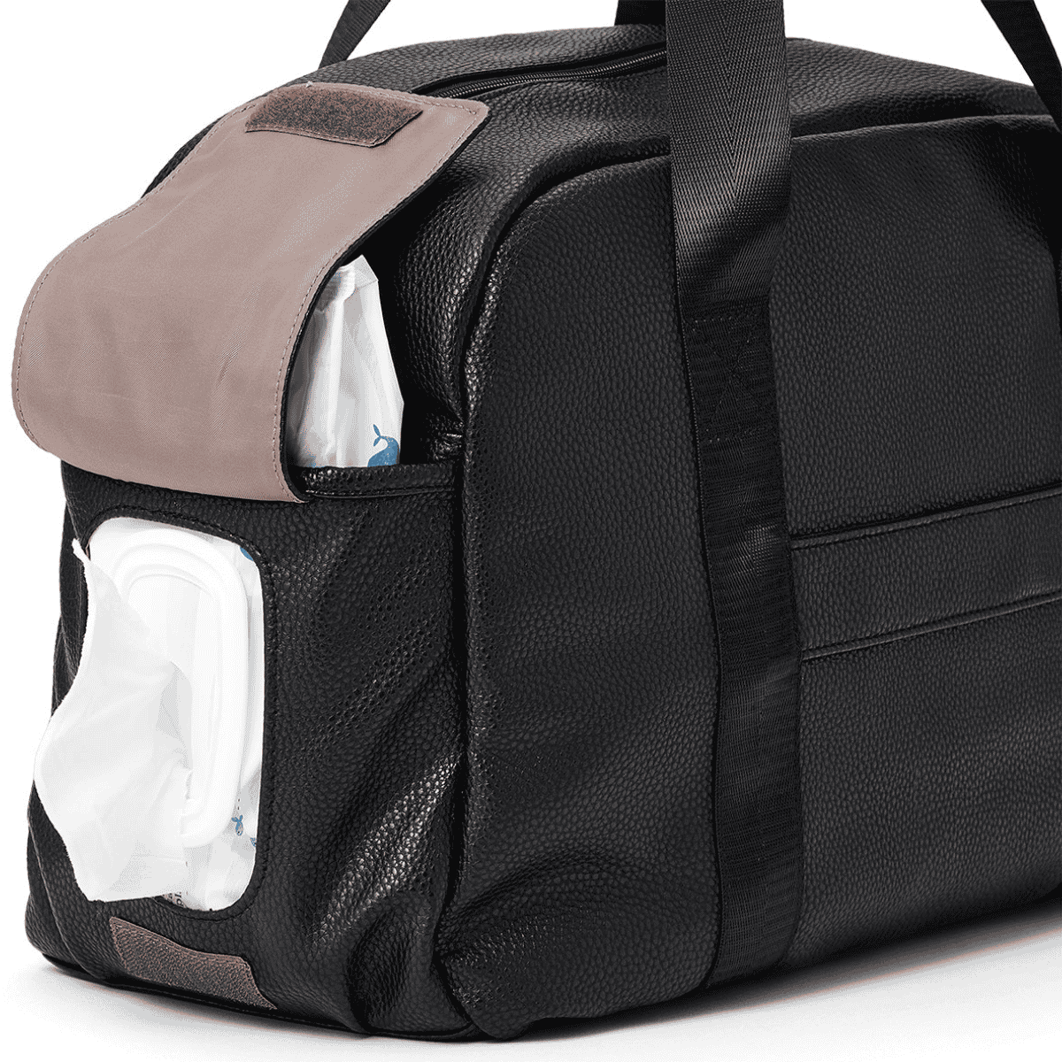 Black duffel bag with a pocket containing wet wipes on a white background