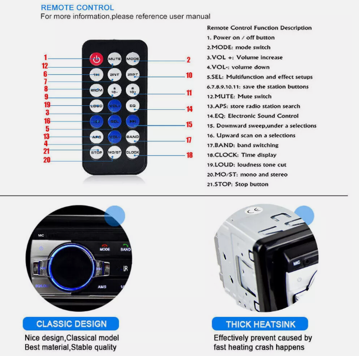 Car Radio Stereo Bluetooth FM Audio Head Unit Player