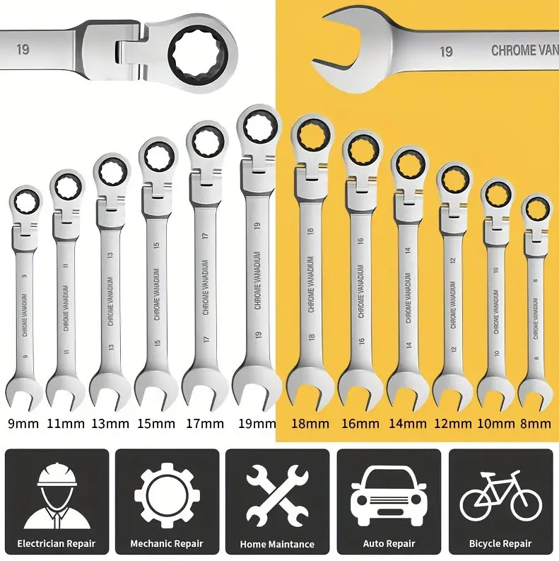 12Pc Metric Flexi Head Ratchet Spanner Wrench Set 8mm - 19mm Combination