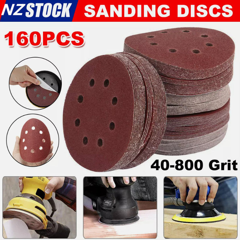 160PCS Sanding Discs 40-800 Grit Pads 125mm Hook&Loop 8 Hole Orbital Sandpaper - salelink.co.nz
