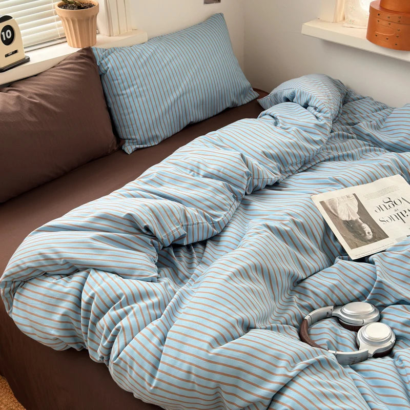 Blue & Brown Striped Duvet Cover Set – 3-Piece Soft Bedding Set with Pillowcases