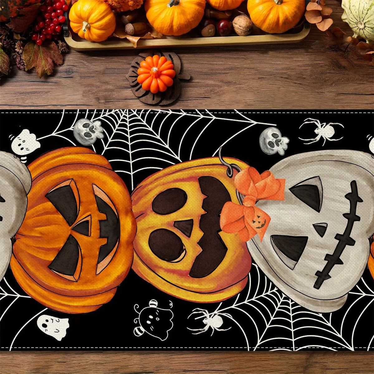 Halloween Table Runner – Pumpkin, Bat & Skull Party Table Décor