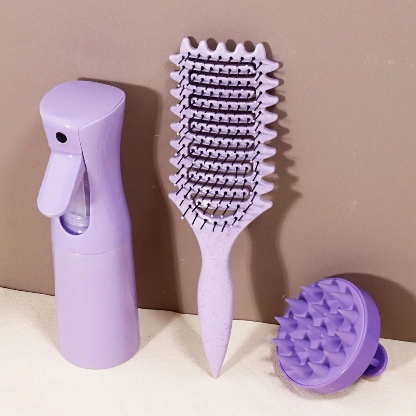 3-Piece Curl Styling Tool Set – Hair Brush, Continuous Spray Bottle & Scalp Massage Shampoo Brush