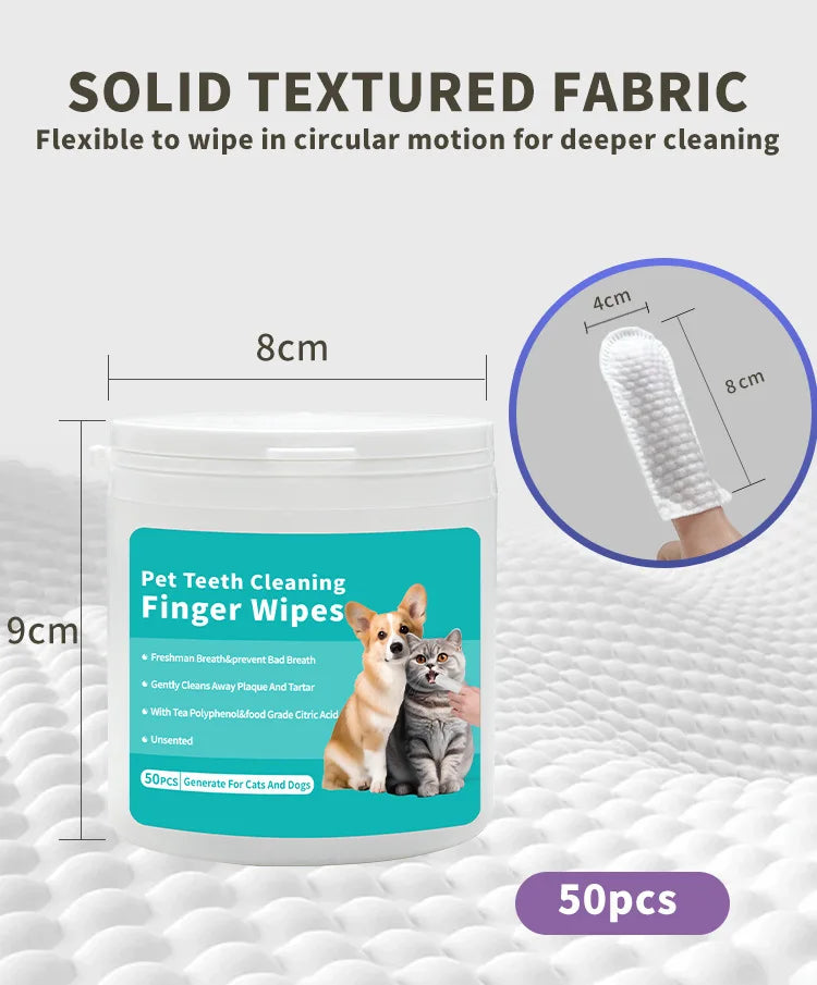 Pet Cleaning Finger Wipes – Dog & Cat Teeth, Ear & Eye Care Wipes (50PCS)