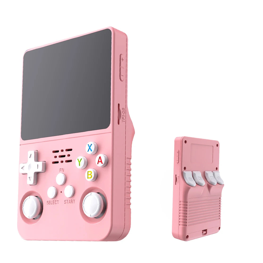 Pink handheld gaming console with 128GB storage on a white background