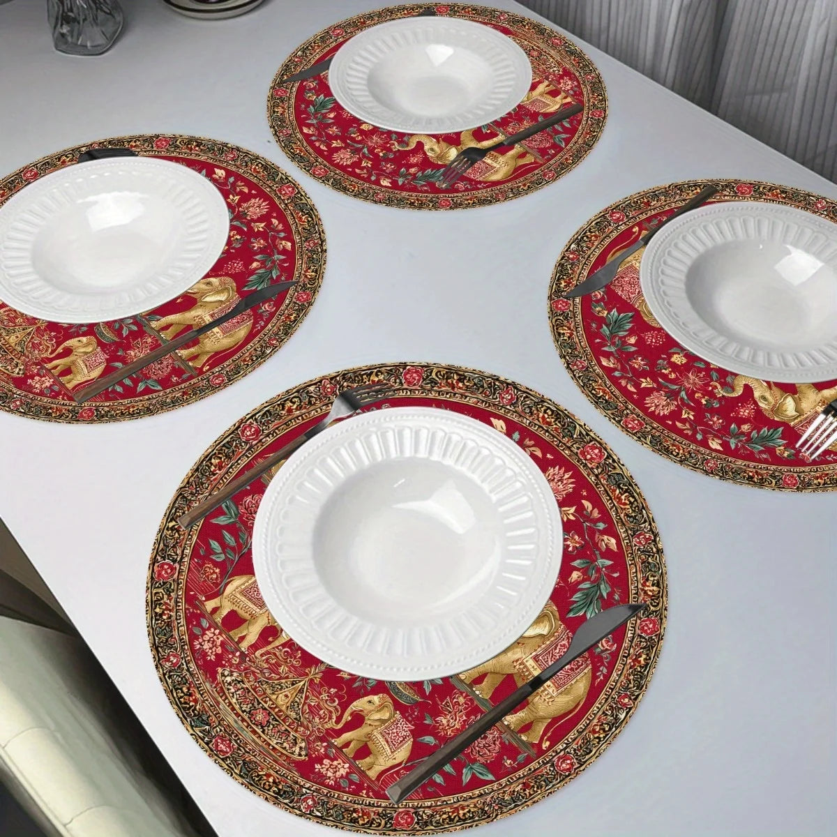 4-Piece Golden Elephant Placemats – Indian-Inspired Dining Table Mats