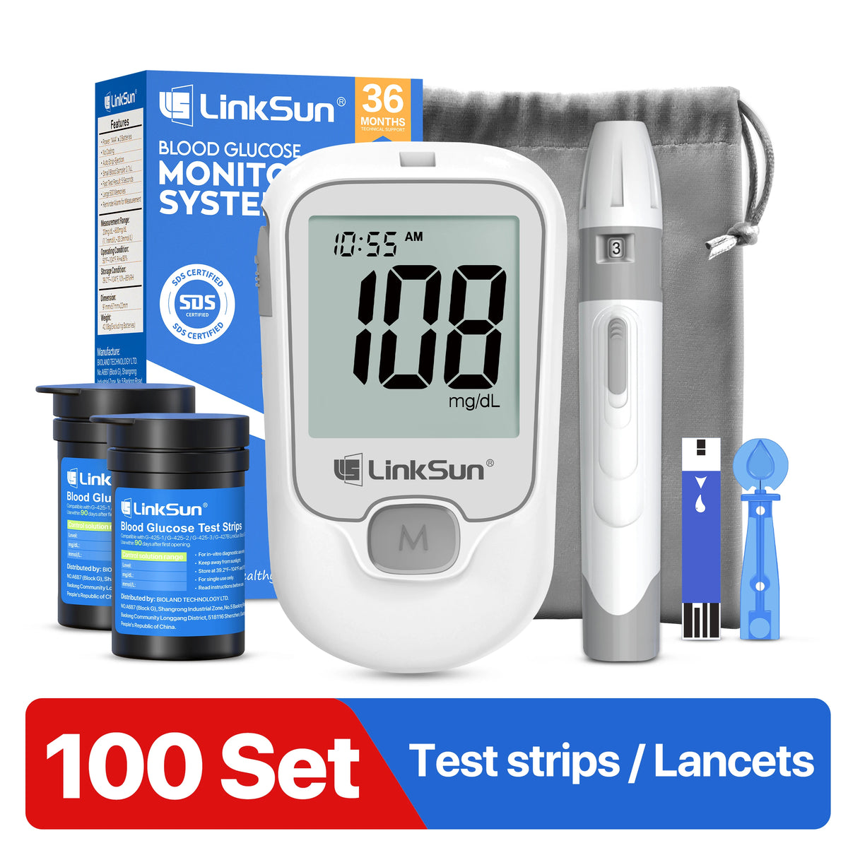 LinkSun G-425-1 Blood Glucose Meter Kit – Digital Glucometer with Test Strips & Lancets