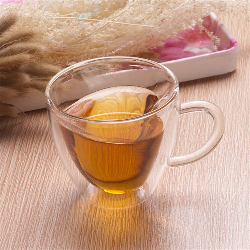 Double-Wall Heart Glass Mug – Insulated Love-Shaped Coffee & Tea Cup