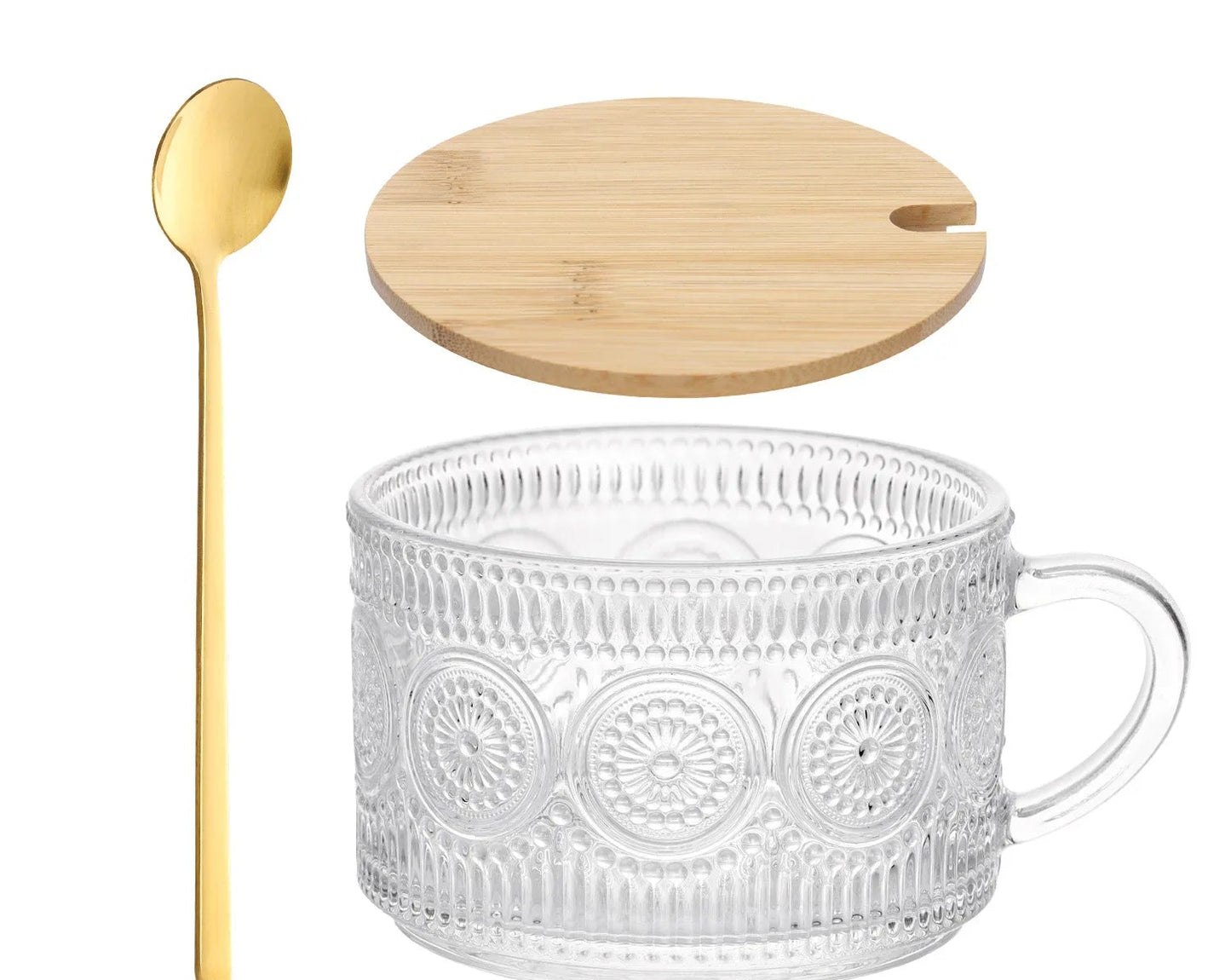 Vintage Glass Coffee Mug with Wooden Lid & Spoon โ 450ml Breakfast Cup