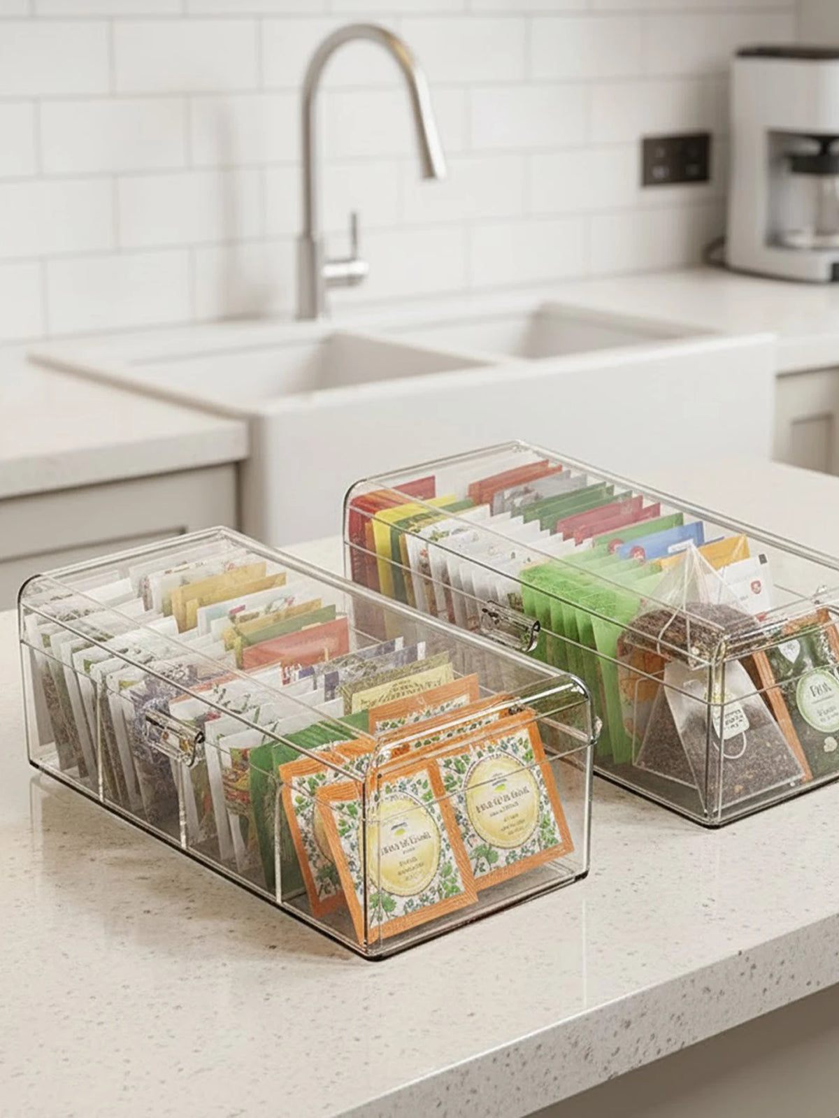 Clear 4-Compartment Storage Box with Lid โ Tea Bag, Makeup & Desk Organiser