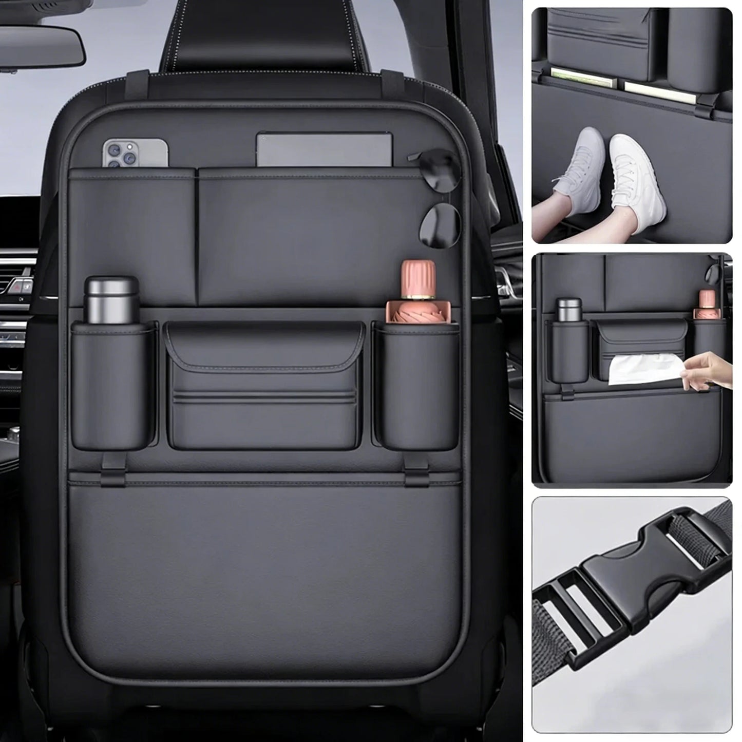 6-Pocket Car Backseat Organiser – Waterproof Seat Storage & Kick Protector