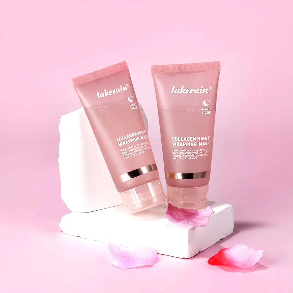 Two pink skincare products with 'lakerain' branding on a pink background.