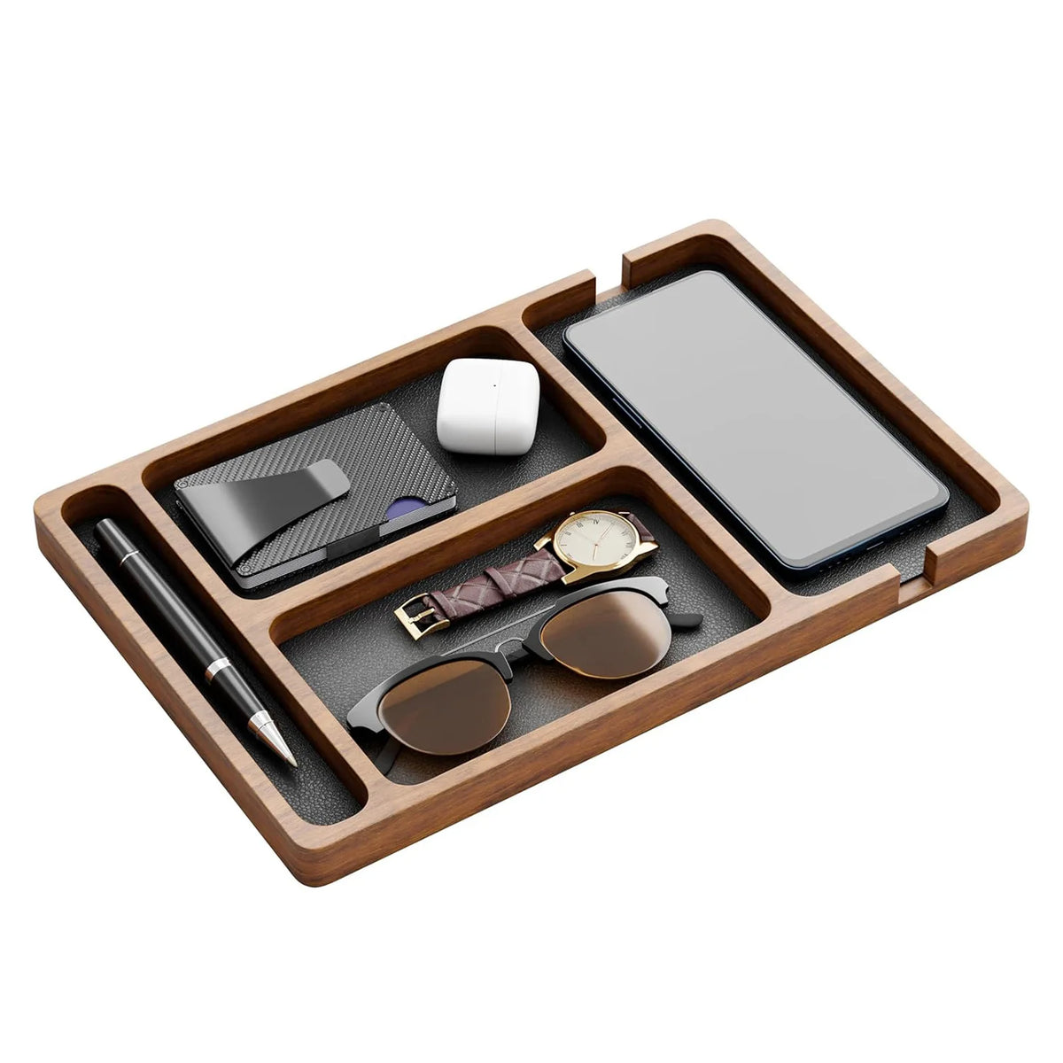 Wooden Desktop Organiser Tray with 4 Compartments โ Desk & Accessories Storage Box