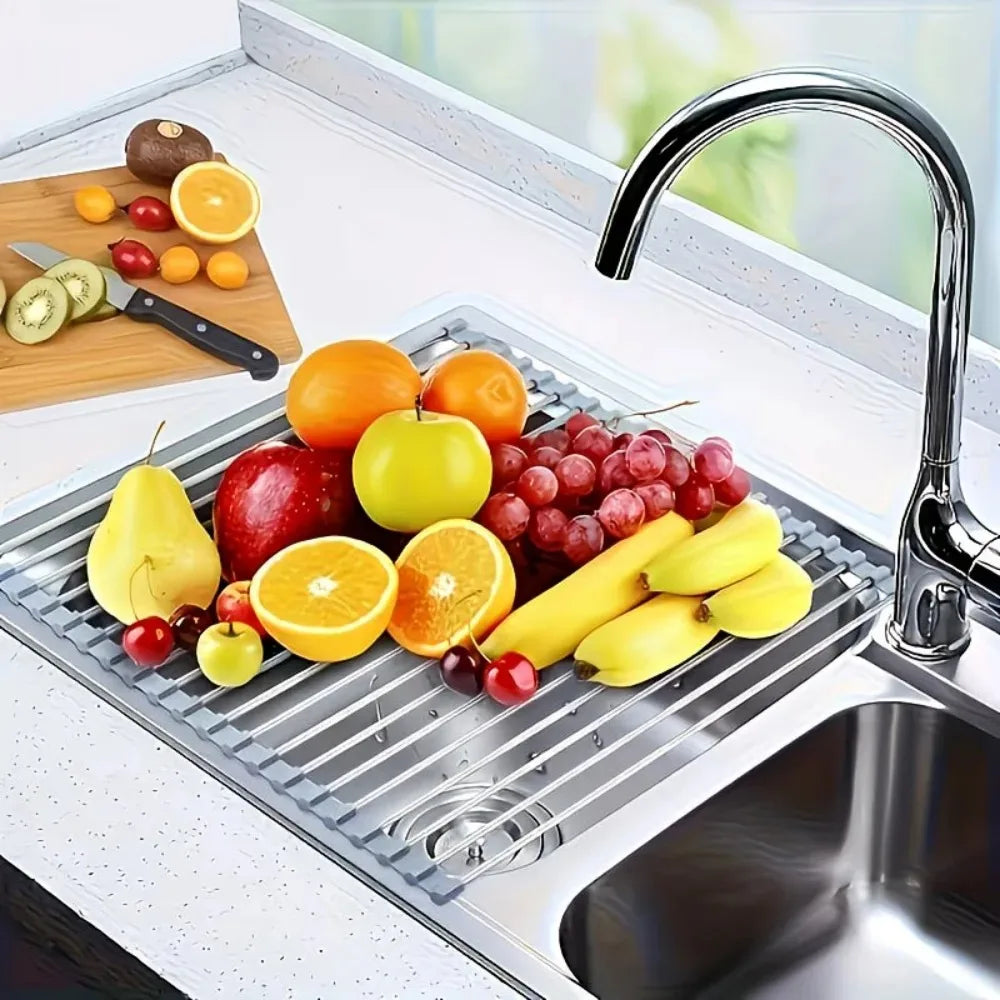 Roll-Up Stainless Steel Over-Sink Drying Rack – Foldable Dish Drainer & Food Prep Rack