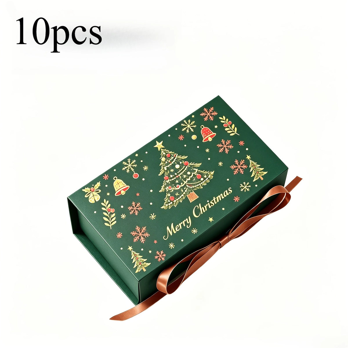 10-Pack Christmas Gift Boxes with Ribbon – Festive Tree & Snowflake Design