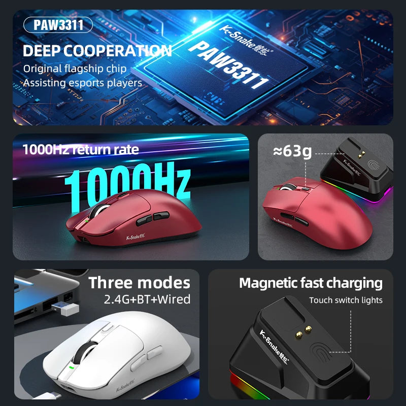 Lightweight Wireless Gaming Mouse with Magnetic Charging Dock