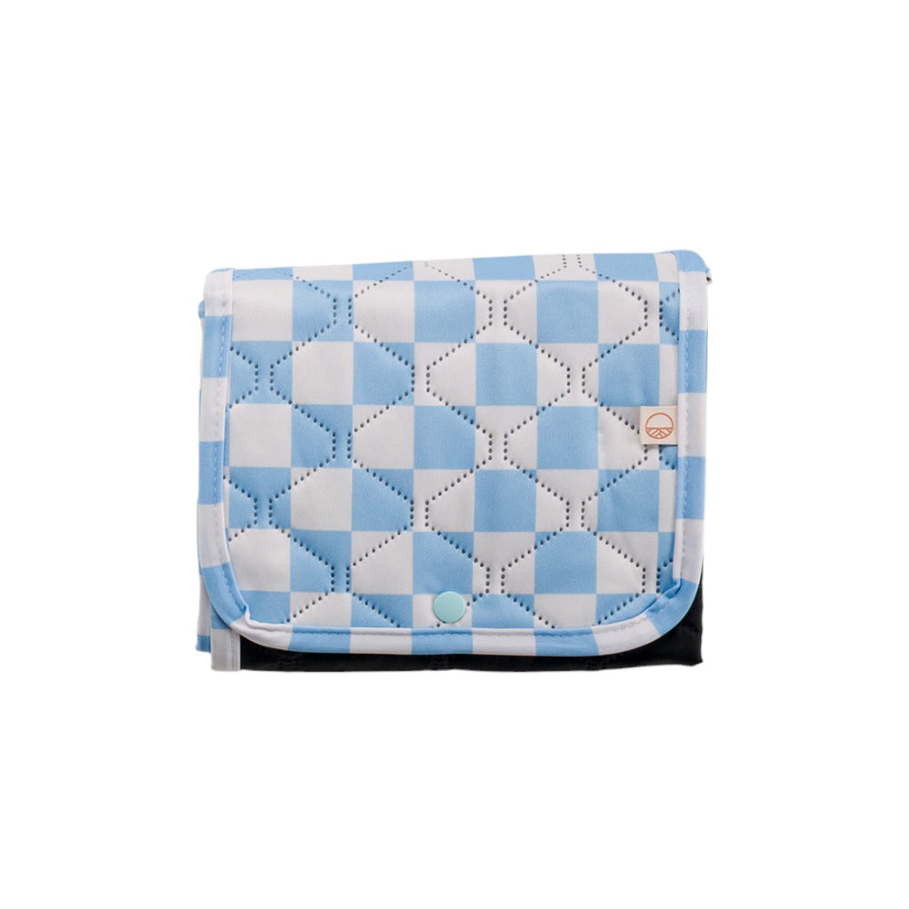 Blue and white checkered quilted pouch on a white background