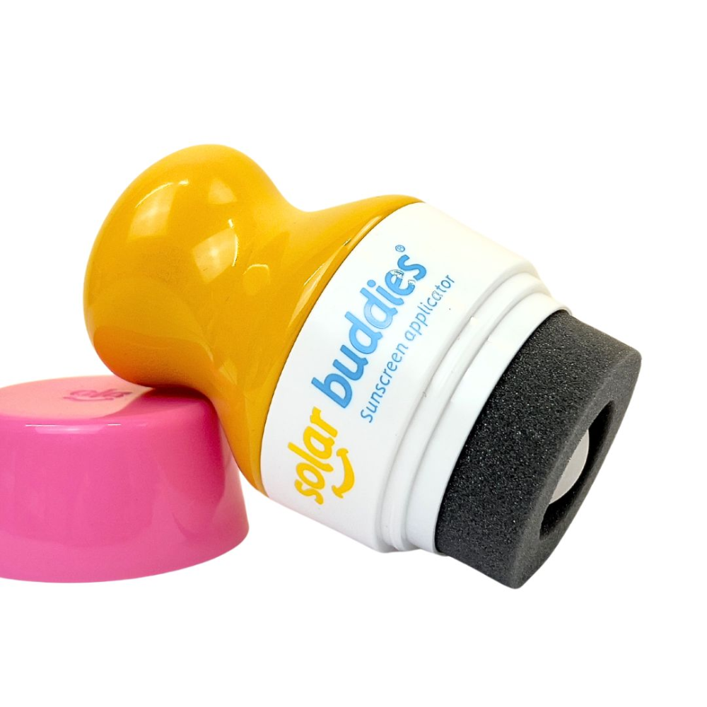 This pink and yellow Solar Buddie is a refillable sunscreen applicator for kids and babies of any age. It's easy to use, no mess and perfect for outdoor fun and travel.