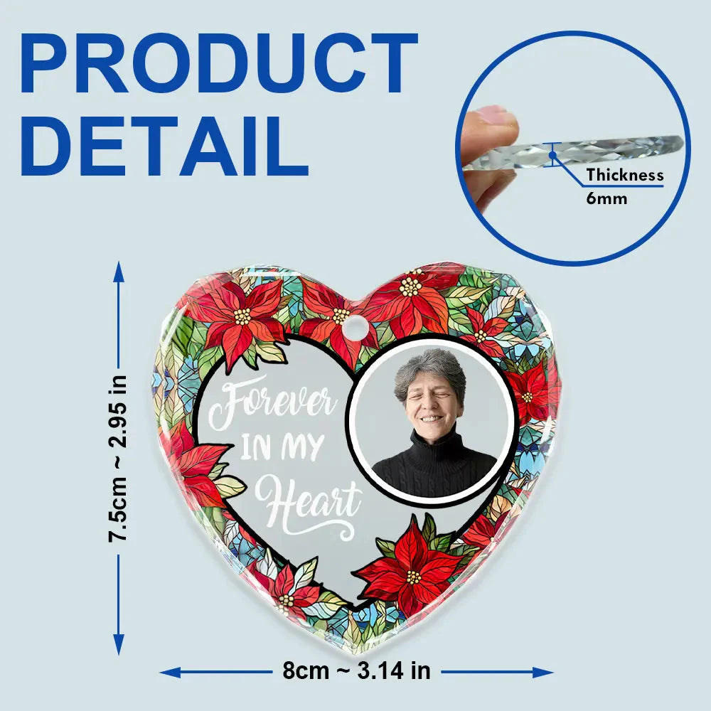 Custom Photo Floral Forever In Our Hearts - Personalized Heart Shaped Glass Ornament