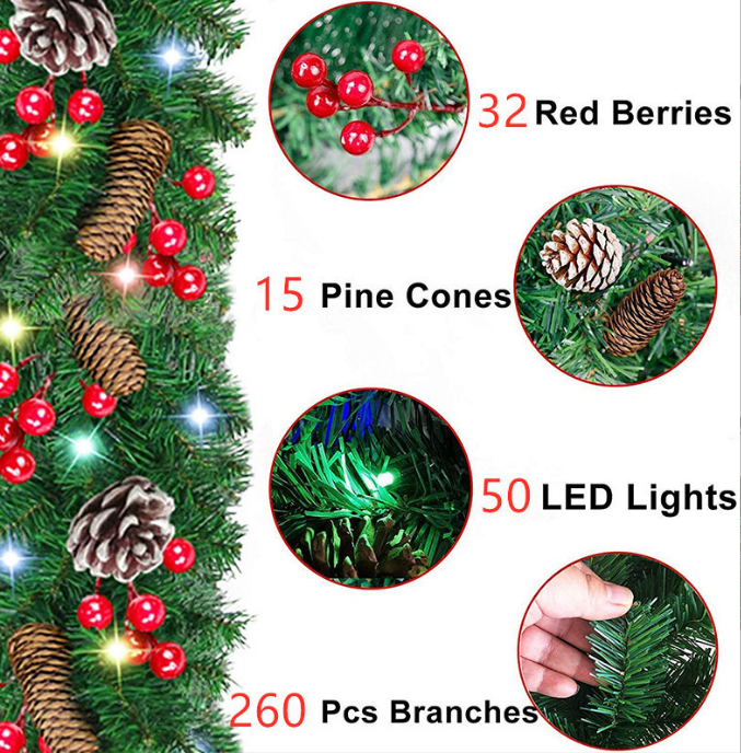 2.7M Christmas Garland with Lights Rattan Artificial Decoration