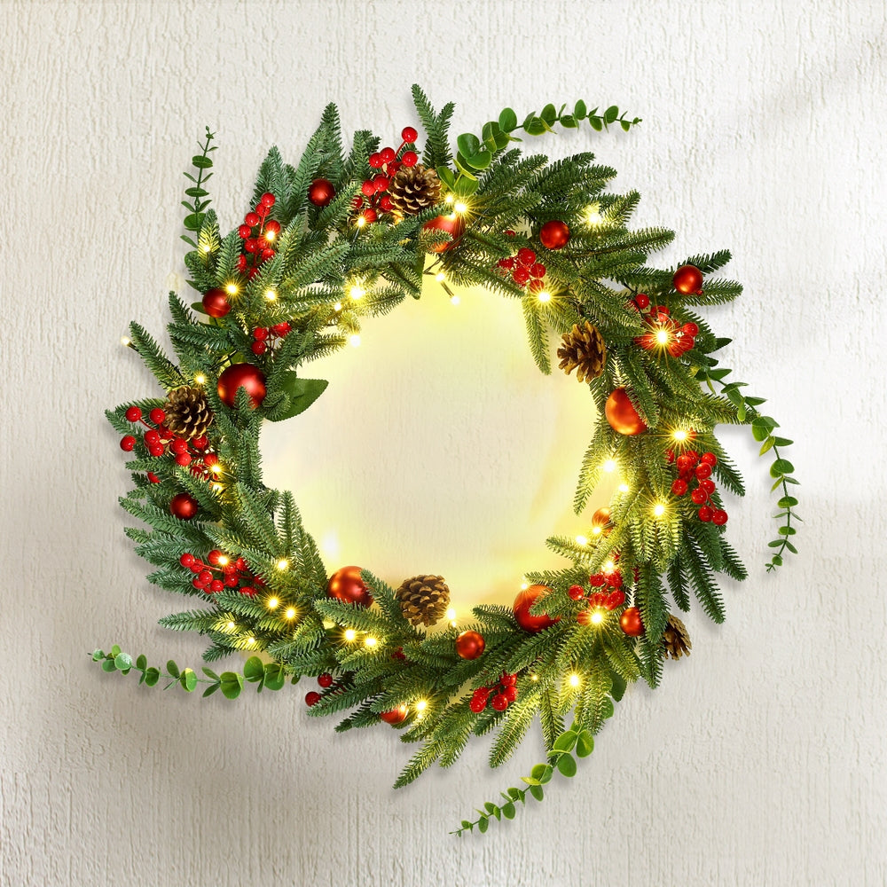 Jingle Jollys Christmas Wreath 60CM LED Garland Berries Pine Cones Party Decor